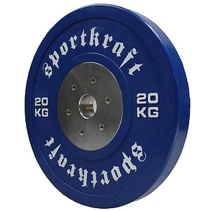 Sininen Sportkraft 20 kg bumper-levypaino olympianostoon ja voimaharjoitteluun.