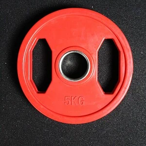 Punainen Sportkraft 5 kg kumitettu levypaino tummalla taustalla, kestävä ja laadukas design.