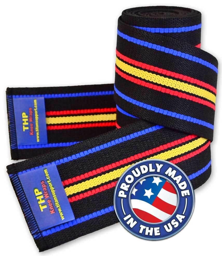 Titan THP polvisiteet, mustat siteet värikkäillä raidoilla ja Made in USA -merkinnällä