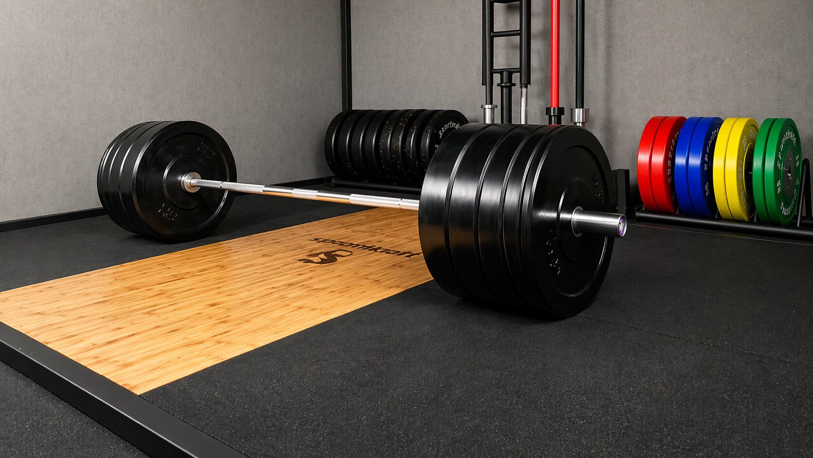 Musta SportKraft bumper-levypainosarja lastattuna levytankoon ammattitason nostolavalla