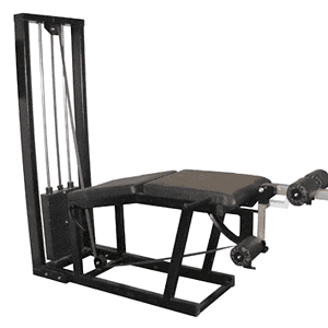 Säädettävä leg extension -kone kuntosalille, vahva teräsrunko ja pehmustetut rullat jalkatreeniin.