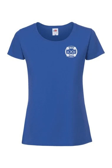 Sininen naisten t-paita logolla.