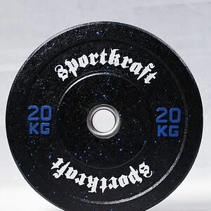 Sportkraft 20 kg musta rouhekumi bumper-levypaino sinisillä merkinnöillä ja valkoisella logolla.