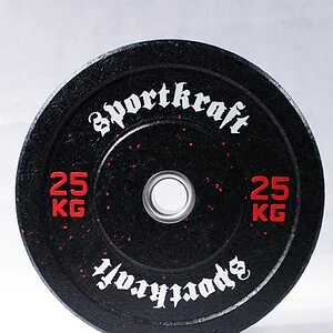 Sportkraft 25 kg musta kuminen bumper-levypaino punaisin merkinnöin voimaharjoitteluun.