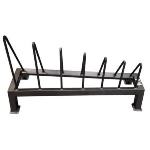 Moderni musta teräksinen polkupyöräteline ulkokäyttöön, useilla kaarevilla koukuilla pyörien pysäköintiin.