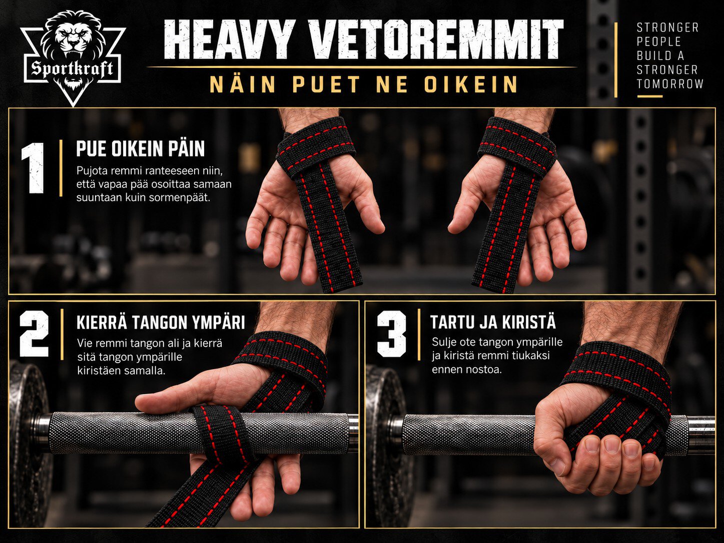 SportKraft Heavy -vetoremmien käyttöohje kolmessa vaiheessa ranteeseen ja tangon ympärille