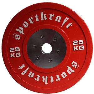 Punainen SportKraft 25 kg kilpabumper-painolevy, valkoiset merkinnät ja metallinen keskiosa.
