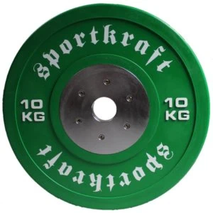 Vihreä SportKraft 10 kg painolevy metallikeskiöllä, kestävään painonnostoon ja salitreeniin.