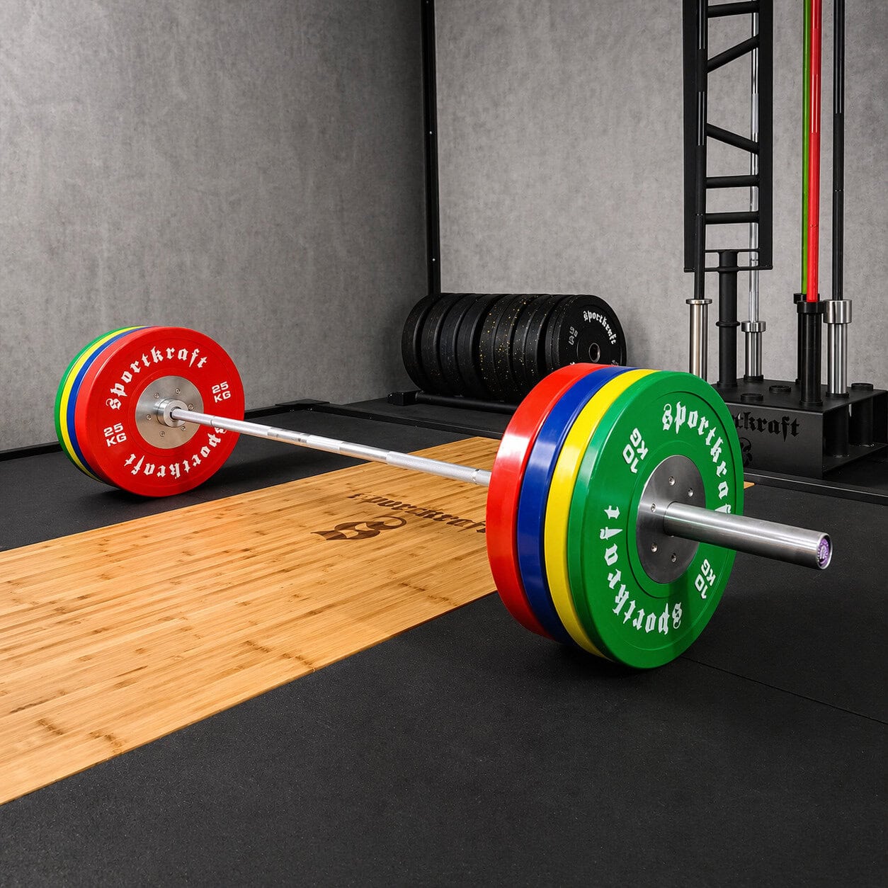 SportKraft Premium kilpabumper-levypainot lastattuna levytangossa kuntosalilla