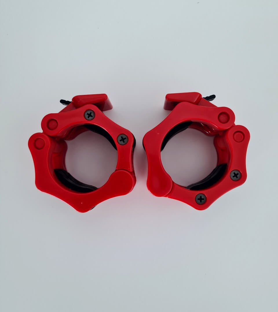 Punaiset SportKraft Lock Jaw levypainolukot, kestävät ja tyylikkäät salivarusteet painotankoon