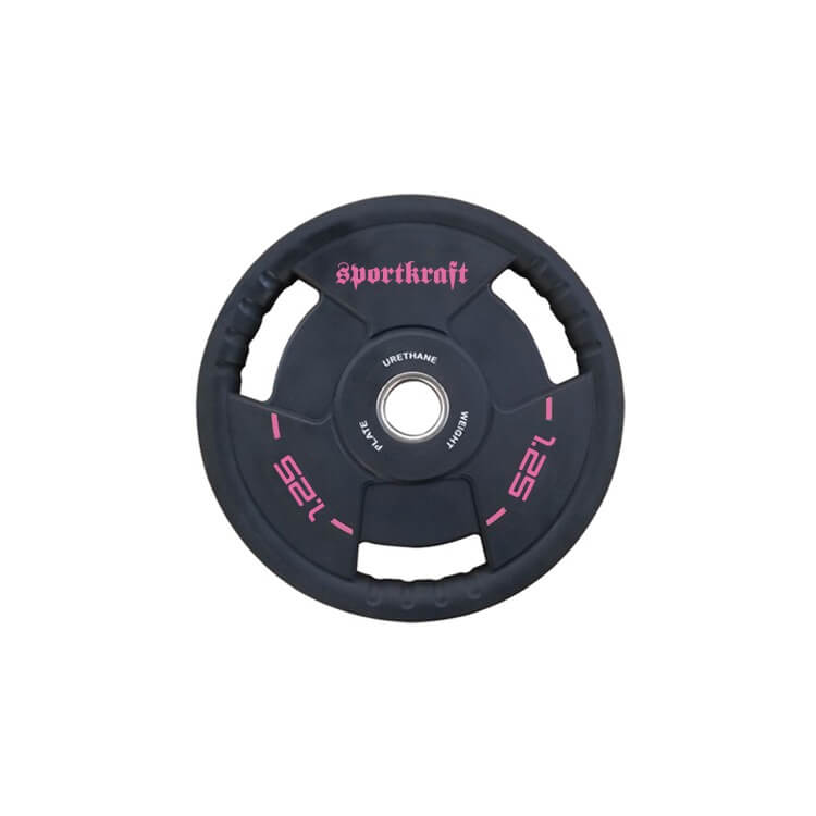 SportKraft 25 kg musta kumilevypaino pinkillä logolla ja kolmella kahva-aukolla.
