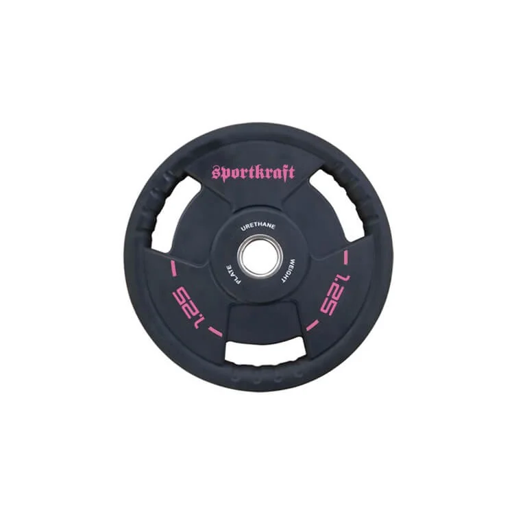 SportKraft 25 kg musta kumilevypaino pinkillä logolla ja kolmella kahva-aukolla.