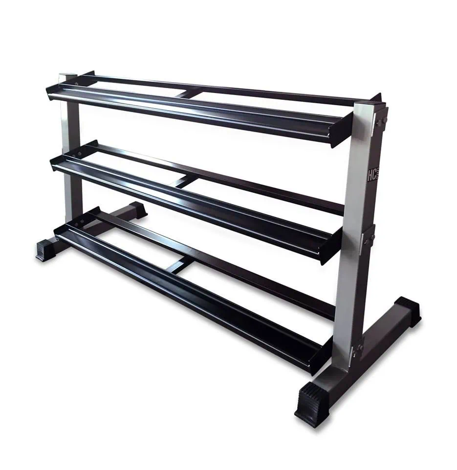 Kolmitasoinen HC PRO teräskäsipainoteline kuntosalille, tukeva ja ammattimainen.