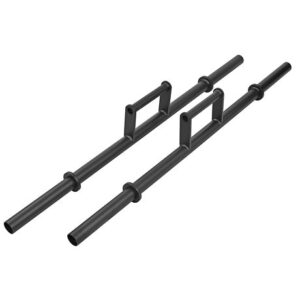 Teräksiset rinnakkaistangot kehonpainoharjoitteluun, musta viimeistely ja tukevat kahvat.