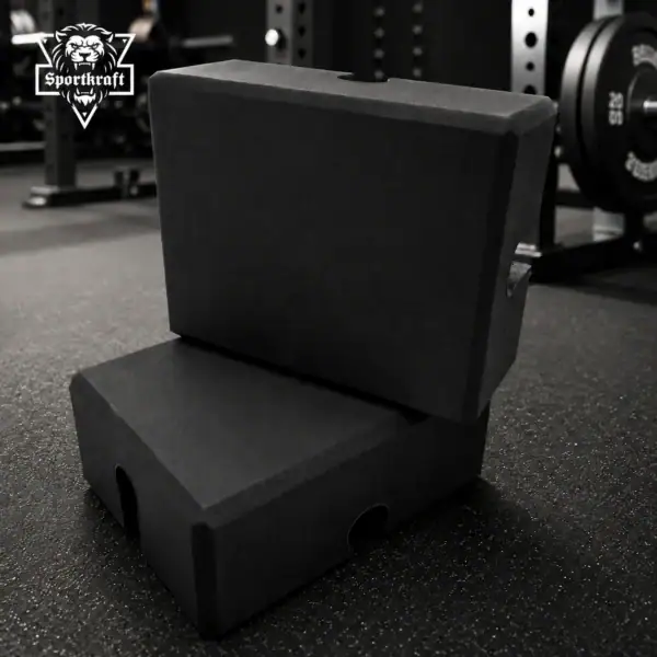 Pieni ja iso SportKraft Bench Block asetettuna kuntosalille esitellen tuotteen eri korkeusvaihtoehtoja.