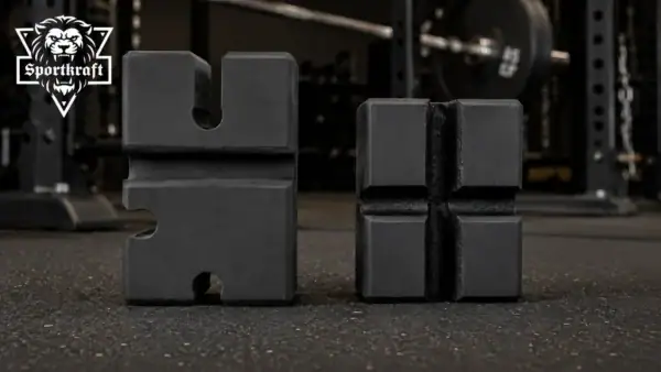 Pieni ja iso musta SportKraft Bench Block asetettuna vierekkäin kuntosalin lattialle näyttäen tuotteiden eri urat ja kokovaihtoehdot.