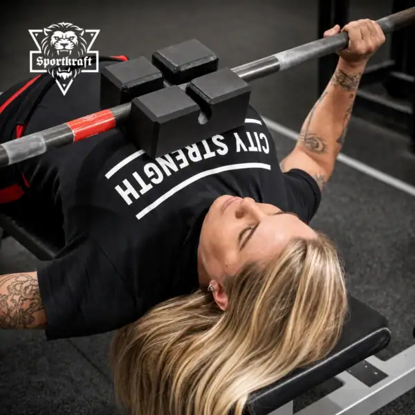 Naispuolinen voimailija tekee osapenkkiä kuntosalilla käyttäen korkeaan asentoon viritettyä mustaa SportKraft Bench Block lankkua