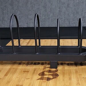 Mustasta metallista valmistettu SportKraft levypainoteline, kuusi paikkaa painolevyille kuntosalille.