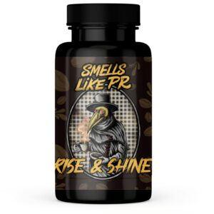 SportKraft Hajusuola Smells Like PR -energinen kahviteemainen pullo korppikuvalla.