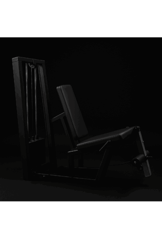 Tyylikäs musta jalkaprässilaite tehokkaaseen alavartalon voimaharjoitteluun kuntosalilla tai kotona.