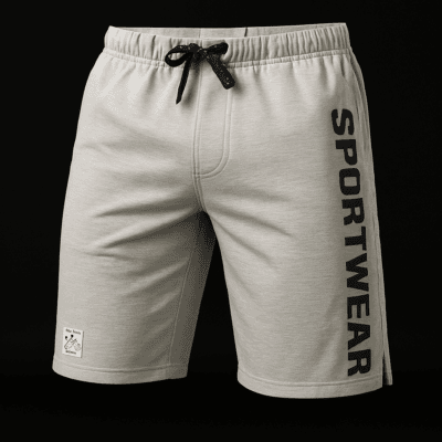 Harmaat urheilushortsit mustalla tekstillä