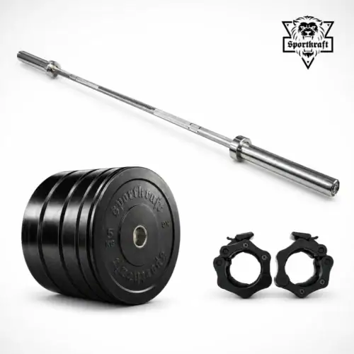 SportKraft Basic Training levytankosarja 115kg ja 170kg valmis treenipaketti kotikuntosalille sisältää basic levytanko 300 luonnonkumi bumper levypainot ja jaw collar lukot.