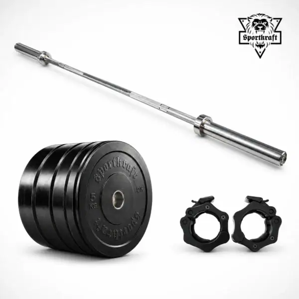SportKraft Basic Training levytankosarja 115kg ja 170kg valmis treenipaketti kotikuntosalille sisältää basic levytanko 300 luonnonkumi bumper levypainot ja jaw collar lukot.