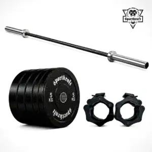 SportKraft crosstraining levytankosarja 100kg ja 150kg valmis paketti kotisalille sisältää Crossfittangon rouhekumi bumper levypainot ja Lock Jaw lukot.