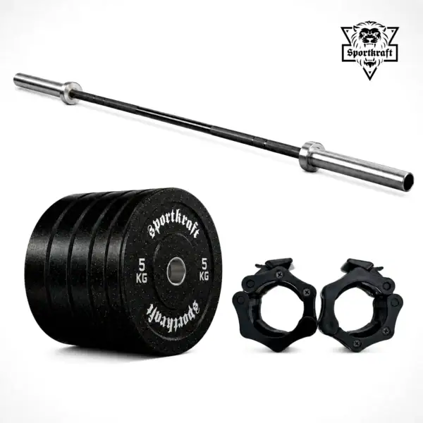 SportKraft crosstraining levytankosarja 100kg ja 150kg valmis paketti kotisalille sisältää Crossfittangon rouhekumi bumper levypainot ja Lock Jaw lukot.