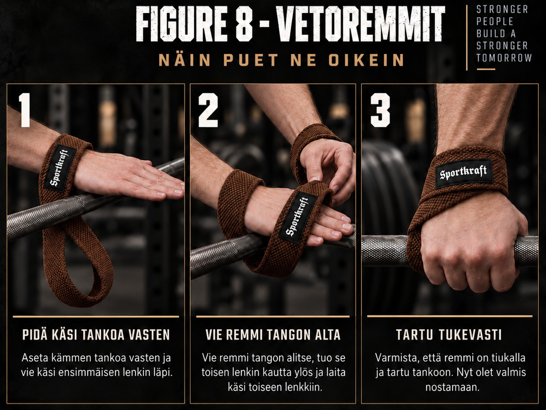 SportKraft Light Figure 8 -kasiremmit: kolmivaiheinen kuvitettu ohje kiinnittämiseen ranteen ja tangon ympärille.