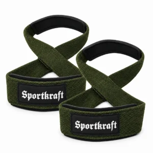 Vihreät SportKraft Light Figure 8 -kasiremmit, kahdeksikkorakenne ja mustat pehmusteet.