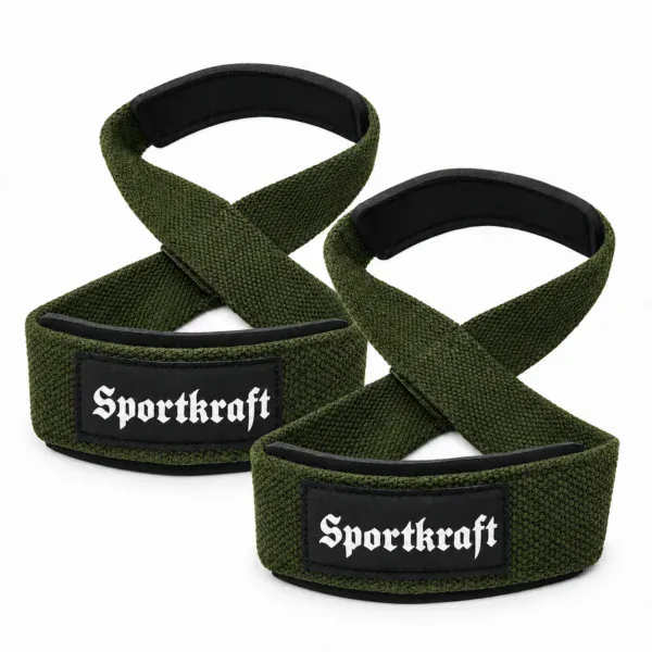 Vihreät SportKraft Light Figure 8 -kasiremmit, kahdeksikkorakenne ja mustat pehmusteet.