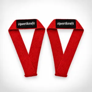 SportKraftin punaiset puuvillaiset olympiaremmit, kiinteät lenkit ja mustat merkkilaput.