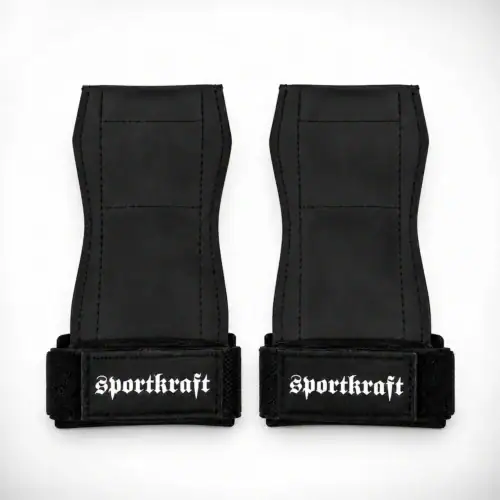 SportKraftin mustat synteettiset vetogripit, rannenauhat ja säätölenkit näkyvissä.